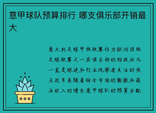 意甲球队预算排行 哪支俱乐部开销最大