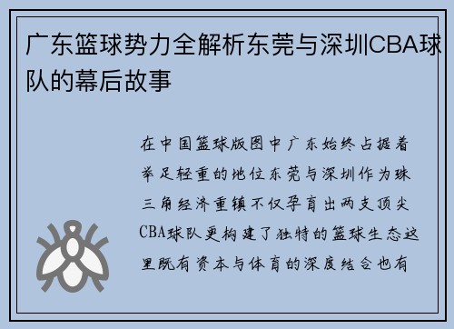 广东篮球势力全解析东莞与深圳CBA球队的幕后故事